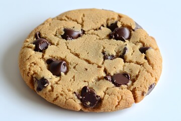 Close-up of a freshly baked chocolate chip cookie on a white background.