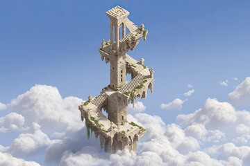 Fototapeta premium Ancient, spiraling tower floats above clouds
