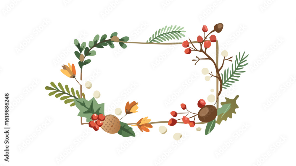 Poster hand-drawn rectangular wreath frame with berries and pine branches