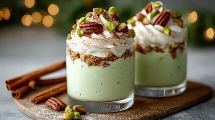 This image showcases a delicious pistachio dessert topped with nuts and whipped cream, elegantly presented to highlight its enticing and decadent qualities perfect for indulgence.