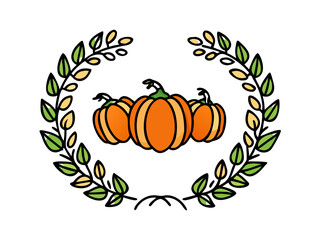 Orange pumpkins in green leaf wreath
