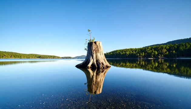 Tree stump reflection on tranquil lake