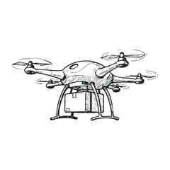 Sketch of drone delivering a package with rotating propellers in flight. Vector illustration