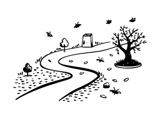 Spooky rural path to haunted house with bare tree and falling leaves