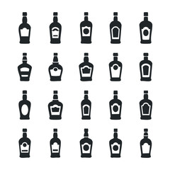 Collection of black whiskey bottle silhouettes in various shapes and sizes. Vector illustration