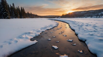 Serene Winter Landscape with Icy Stream at Sunset - Snowy Forest and Golden Sky
