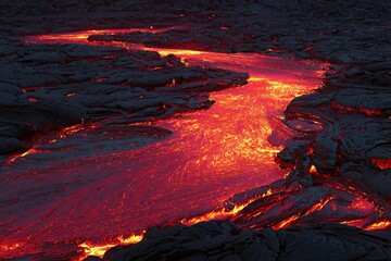 Molten river of lava flowing over dark volcanic rock