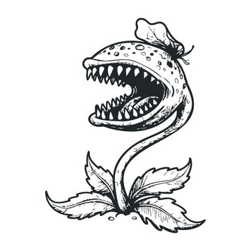 Aggressive cartoon venus flytrap with sharp teeth and butterfly on leaf. Vector illustration