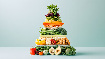 Four abstract colorful food pyramids merging into one harmonious structure, representing dietary synergy.