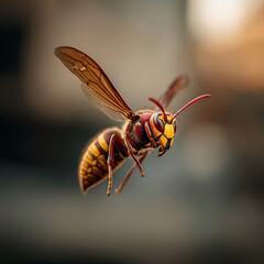 A majestic European hornet captured in mid-flight, showcasing its detailed wings and vibrant striped body against a soft-focus background.