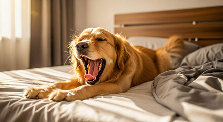Golden Retriever Yawning on Bed in Morning Light