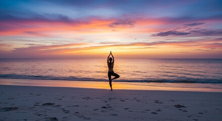 Serene Sunset Yoga Pose on Beach with Calm Ocean and Colorful Sky