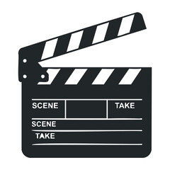 Fototapeta premium Movie clapperboard icon with black and white stripes and text fields for scene and take. Vector illustration