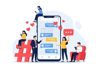 Illustration of social media communication and engagement with people interacting on smartphone