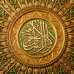 Intricate golden islamic calligraphy emblem with green background and decorative border