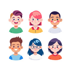 Cheerful young people avatar collection. User faces. Trendy modern style. Flat Cartoon Character design.