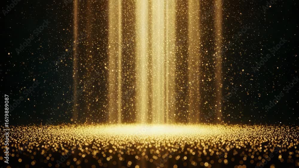 Poster golden particles cascade down from above, illuminating a shimmering surface of glittering dust, crea