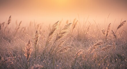 Fototapeta premium Golden sunrise bathes a misty meadow. Light glistens on frost-covered grass and feathery seed heads, evoking peace and tranquility
