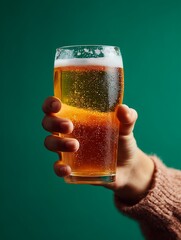 Close-up of a hand grasping a frosty pint of beer with bubbles against a green background, showcasing beverage refreshment.