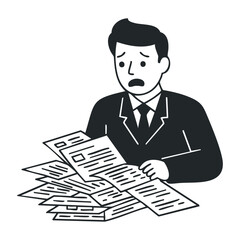 Stressed young caucasian male surrounded by paperwork in office setting. Vector illustration