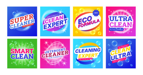 Logo laundry. Cleaner badges. Household hygiene label. Packaging of purity. Soap bubbles. Cleaning advertising brand design. Toilet product sticker. Chemical detergent foam. Vector garish banners set