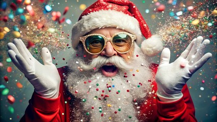 Photo of excited santa claus wearing sunglasses and a hat, with colorful confetti falling around him, celebrating the joy and magic of the christmas holiday season with a festive spirit