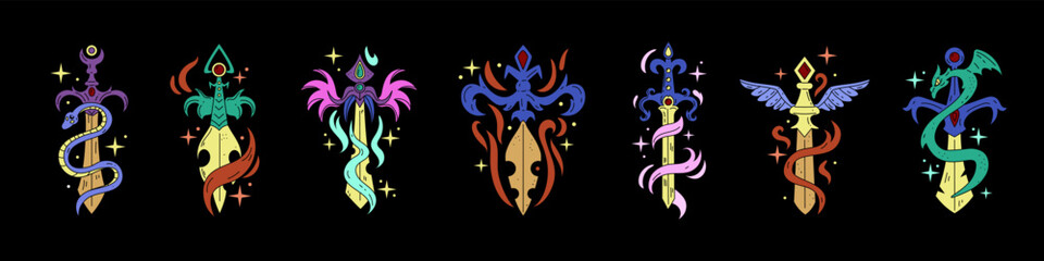 Fantasy sword tattoo. Medieval icon with dragon and fire flame. Symbol magic blade. Gothic silhouette color shape. Mystic dagger with wings. Snake reptile. Engraved mythology element. Vector tidy set