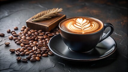 Photo of a steaming cup of cappuccino with intricate latte art, surrounded by roasted coffee beans and a small wooden decoration on a dark, textured surface
