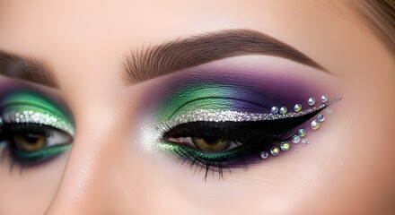 Close-up of a woman's eye with green, purple and silver makeup and rhinestones