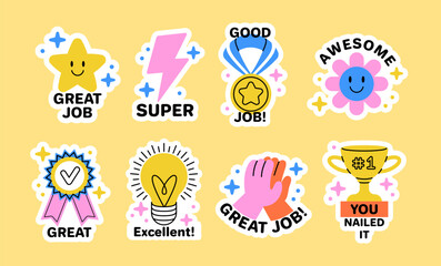 Motivational stickers. Good job icon. School success star. Education evaluation best reward. Emoticon for business. Lightning and flower smile. Light bulb. Medals or trophies. Vector cartoon icons set