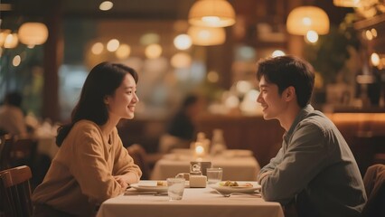 A couple enjoys a conversation over dinner in a warmly lit restaurant.