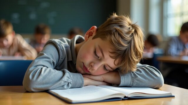 The boy, a school student, fell asleep from fatigue and stress during the lesson - Powered by Adobe