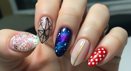 Woman's hand with artistic manicure designs close-up