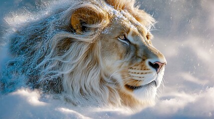 Majestic Snow-Covered Lion Gazing into Distance in Winter Wilderness with Regal Mane and Powerful Expression Amid Frozen Landscape