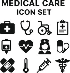Medical Care Icon Set Health and Hospital Symbols, Essential medical care icons for health, hospital, and emergency designs. Perfect for your projects.