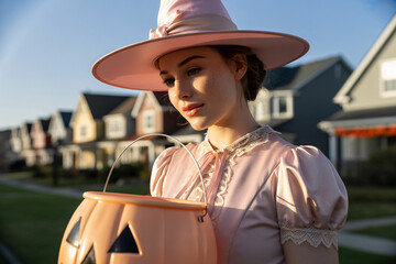 Young woman in pink Halloween witch costume holding jack-o'-lantern basket in sunny city street