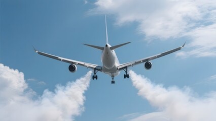 Obraz premium Airplane in Flight with Contrails Against a Blue Sky