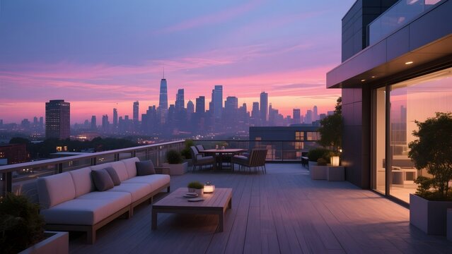 Modern Rooftop Terrace with Cityscape View at Sunset