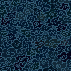 Seamless midnight blue Asian cloud pattern with swirling lines for lining fabric or bedding design