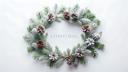 Photo of a beautiful christmas wreath made of green pine branches, decorated with pine cones and white baubles, isolated on a white background, perfect for holiday greetings and decorations