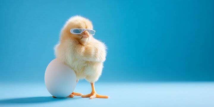 ool Chick Vibes with Sunglasses and Egg on Blue Background &ndash; Funny Spring Animal Photo, Cute Easter Concept for Kids and Nature Lovers