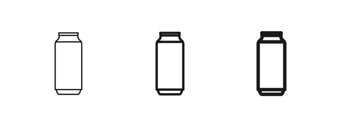 Aluminum drink can in thin, regular, and bold styles. Representing soda, beer, juice, energy drinks, and other canned beverages. For web page, mobile apps, ui ux. Metal packaging recycling. Vector
