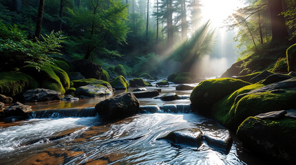 Sunlight piercing through dense forest canopy highlighting a sparkling stream with mossy stones
