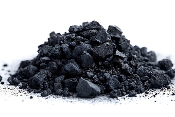 Pile of Crushed Black Coal, Glossy Texture, Abstract Heap on White Background
