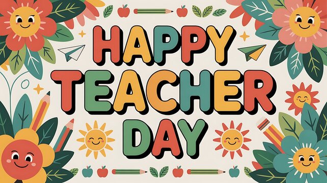 Colorful Happy Teachers Day Illustration with Smiling Flowers Apples and Pencils Great for Social Media Posts and School Events - Powered by Adobe
