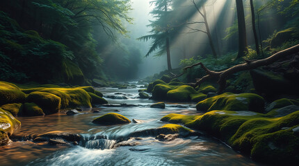 Mystical river deep within forest illuminated by shafts of light streaming through tall evergreen trees