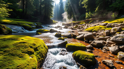 Steaming river with morning sun breaking through misty forest canopy and mossy boulders