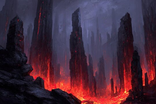 A fiery, volcanic landscape filled with tall, dark pillars. Molten lava flows through the valley - Powered by Adobe