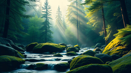 Forest river with radiant sunlight filtering through towering pine trees and lush moss-covered stones
