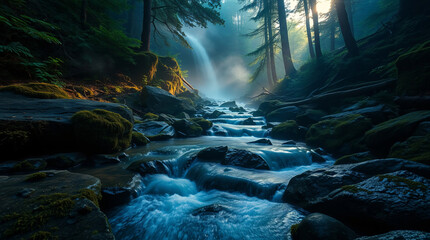 Dark misty forest river illuminated by moonlight glow and soft mist drifting above moss-covered rocks